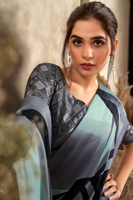 Fancy Print,Crape Silk Saree (Baby Blue)