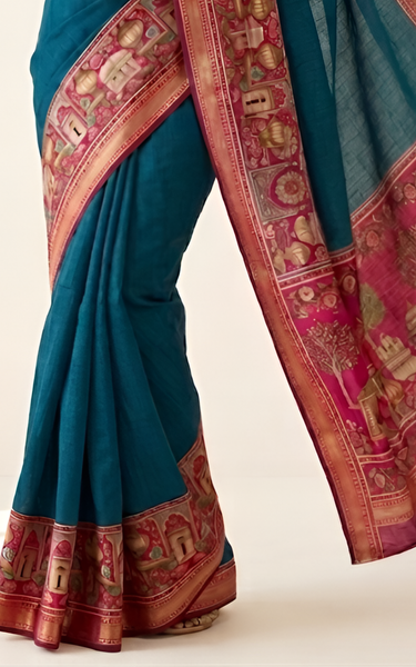 Temple Printed Soft Mul Cotton Saree with Zari Border (Teal Blue)