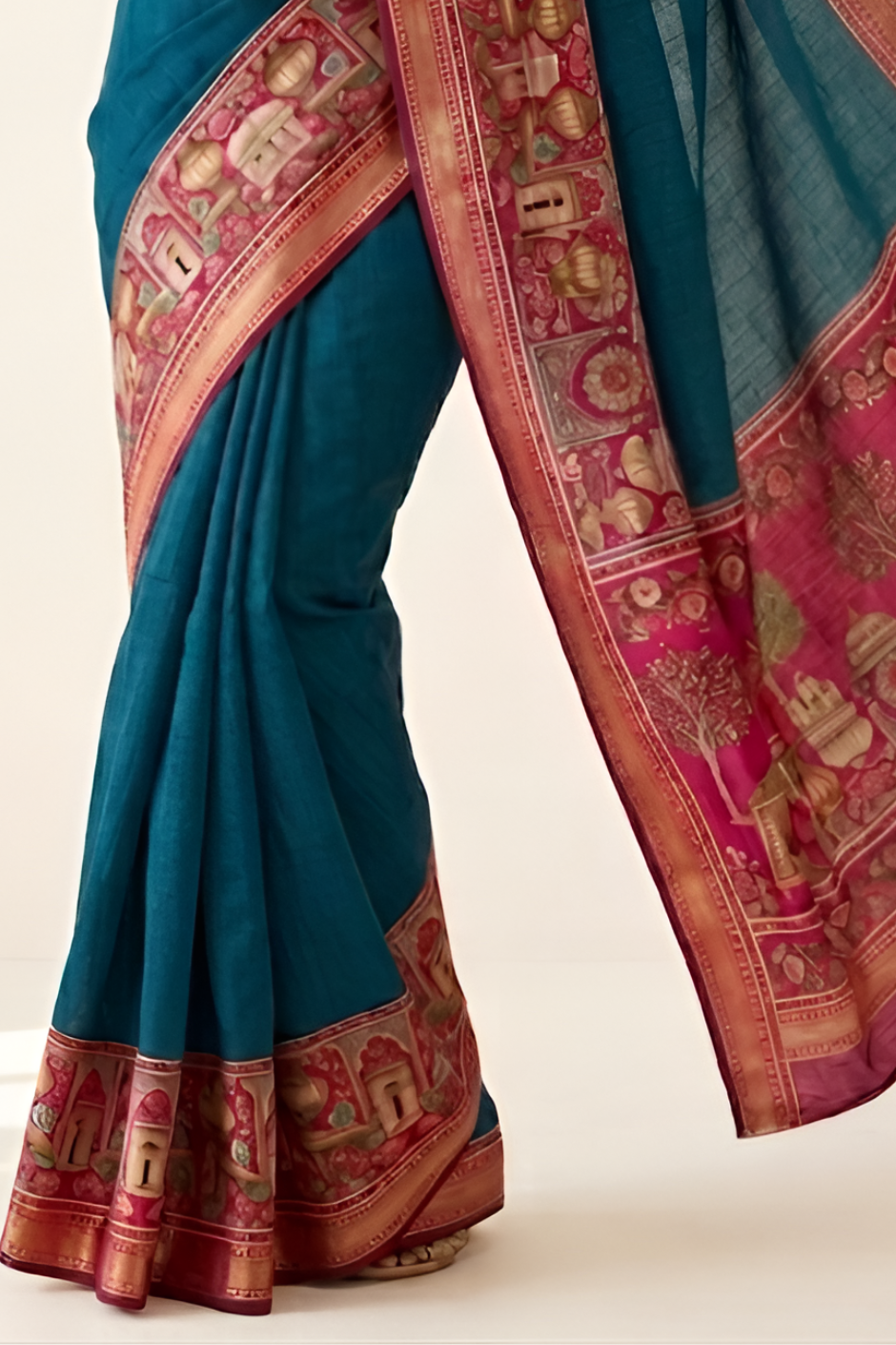 Temple Printed Soft Mul Cotton Saree with Zari Border (Teal Blue)