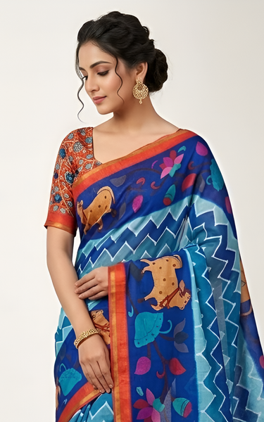 Kazari Print Linen Zari Border Saree (Royal Blue)