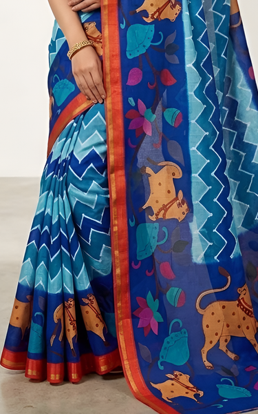 Kazari Print Linen Zari Border Saree (Royal Blue)