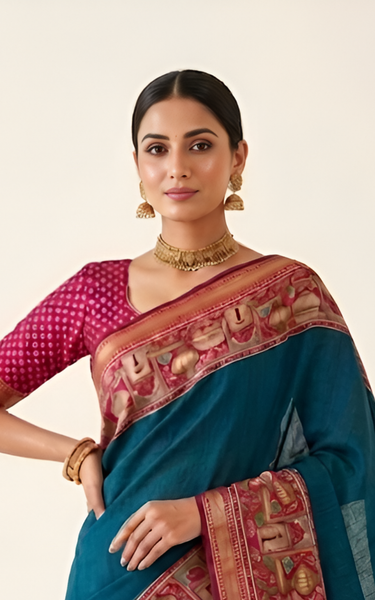 Temple Printed Soft Mul Cotton Saree with Zari Border (Teal Blue)