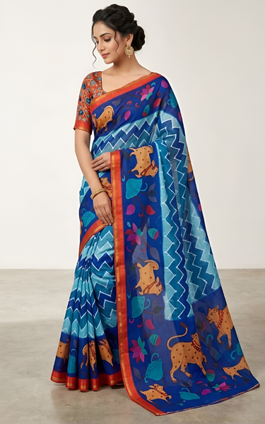 Kazari Print Linen Zari Border Saree (Royal Blue)