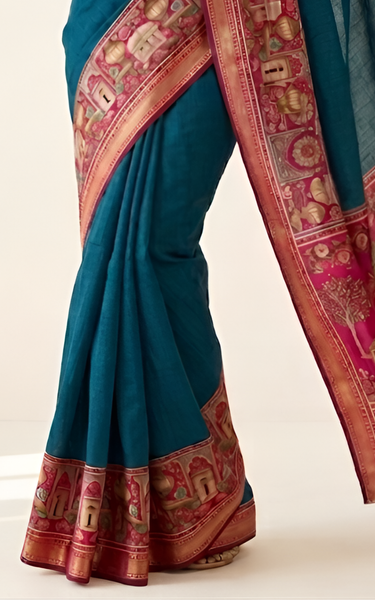 Temple Printed Soft Mul Cotton Saree with Zari Border (Teal Blue)