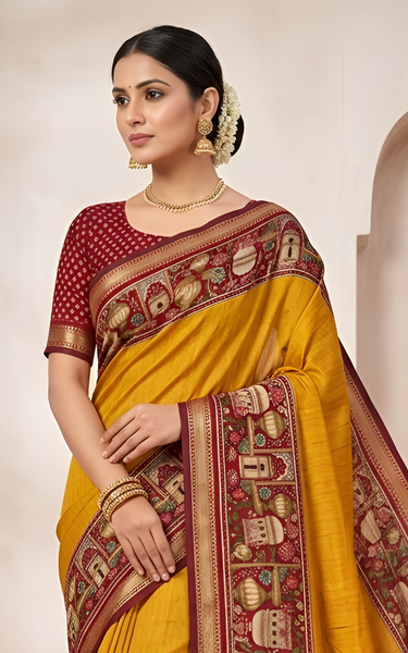 Temple Printed Soft Mul Cotton Saree with Zari Border (Yellow)