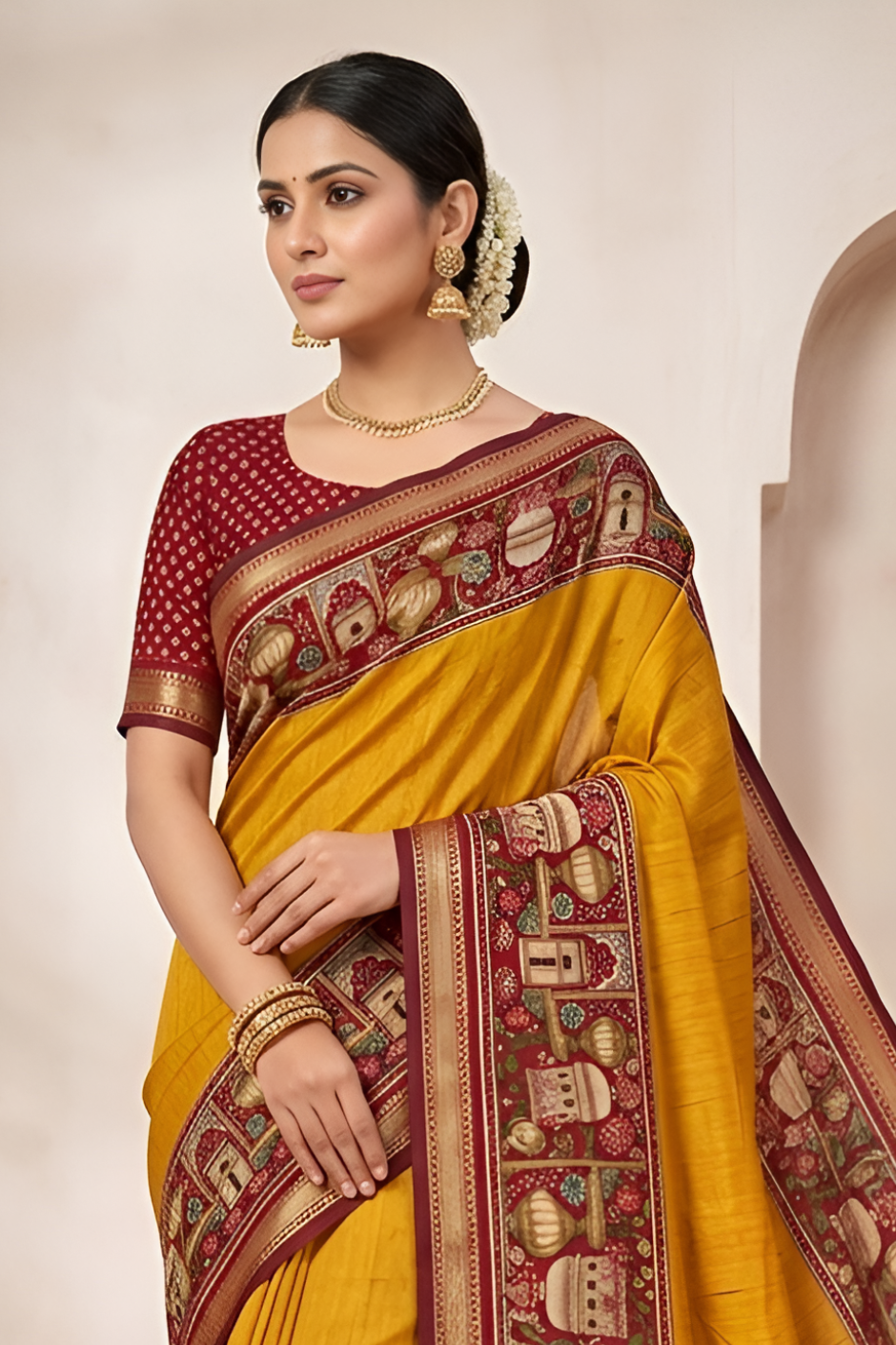 Temple Printed Soft Mul Cotton Saree with Zari Border (Yellow)