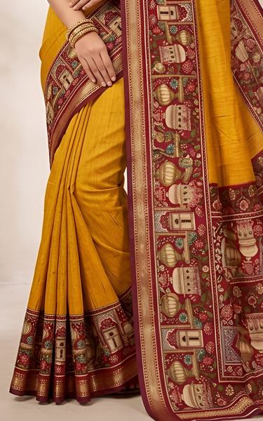Temple Printed Soft Mul Cotton Saree with Zari Border (Yellow)