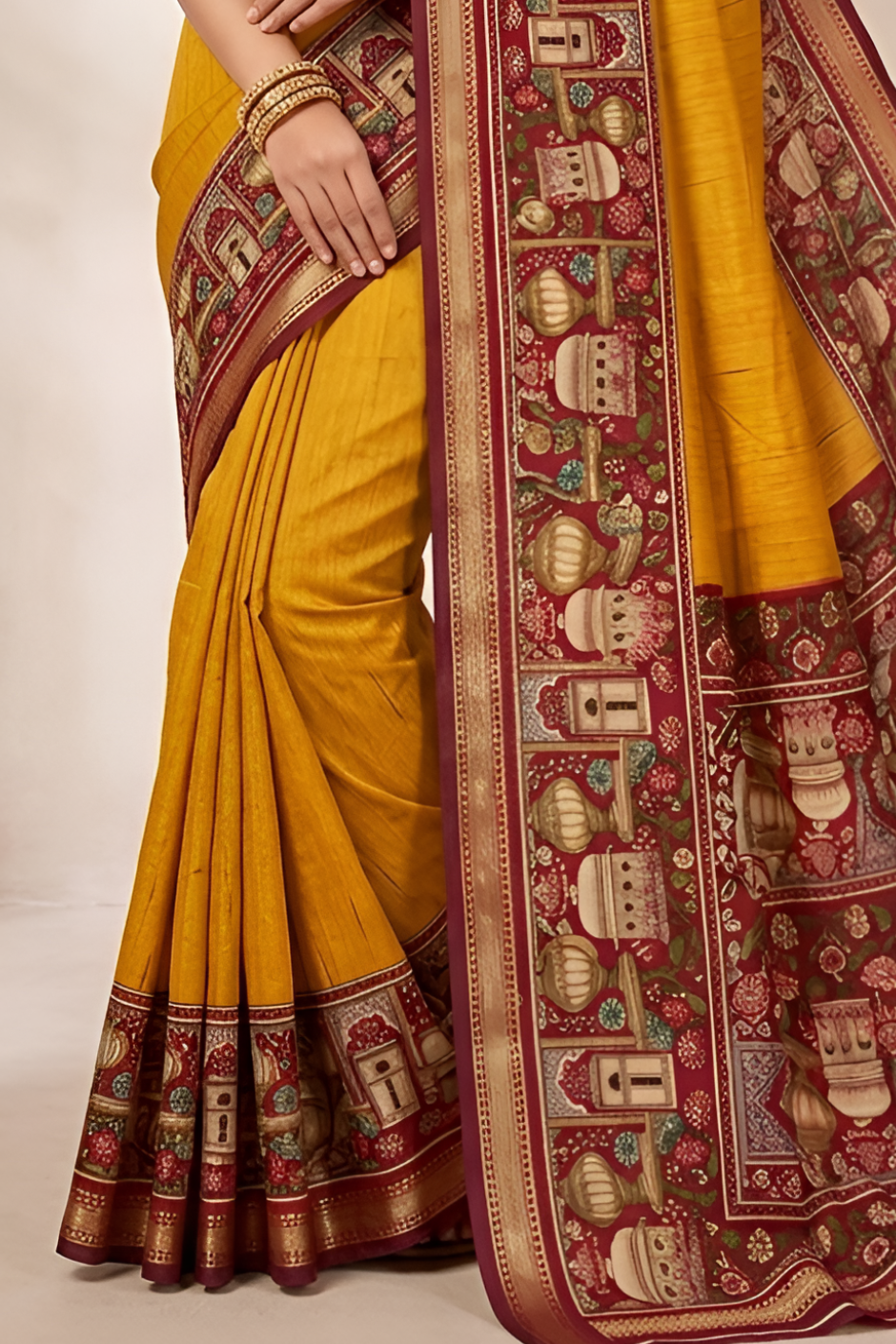 Temple Printed Soft Mul Cotton Saree with Zari Border (Yellow)