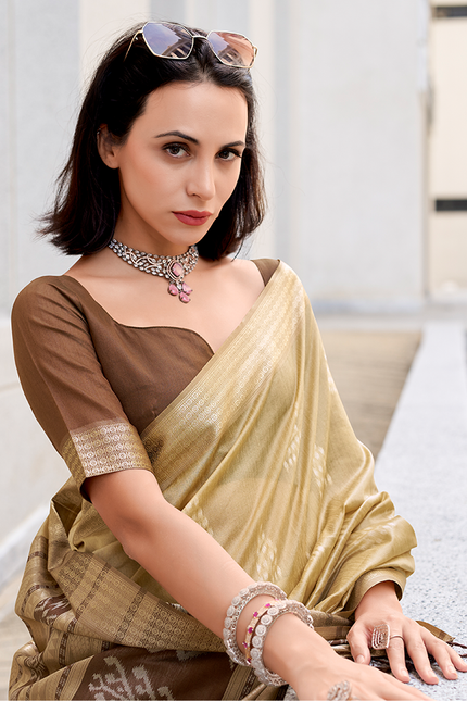Ikkat Weaving, Reyon silk Contrast pallu Saree (Chiku)
