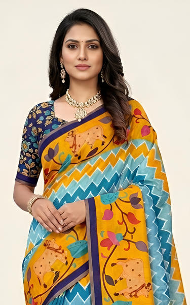 Kazari Print Linen Zari Border Saree (Yellow Multicolor)