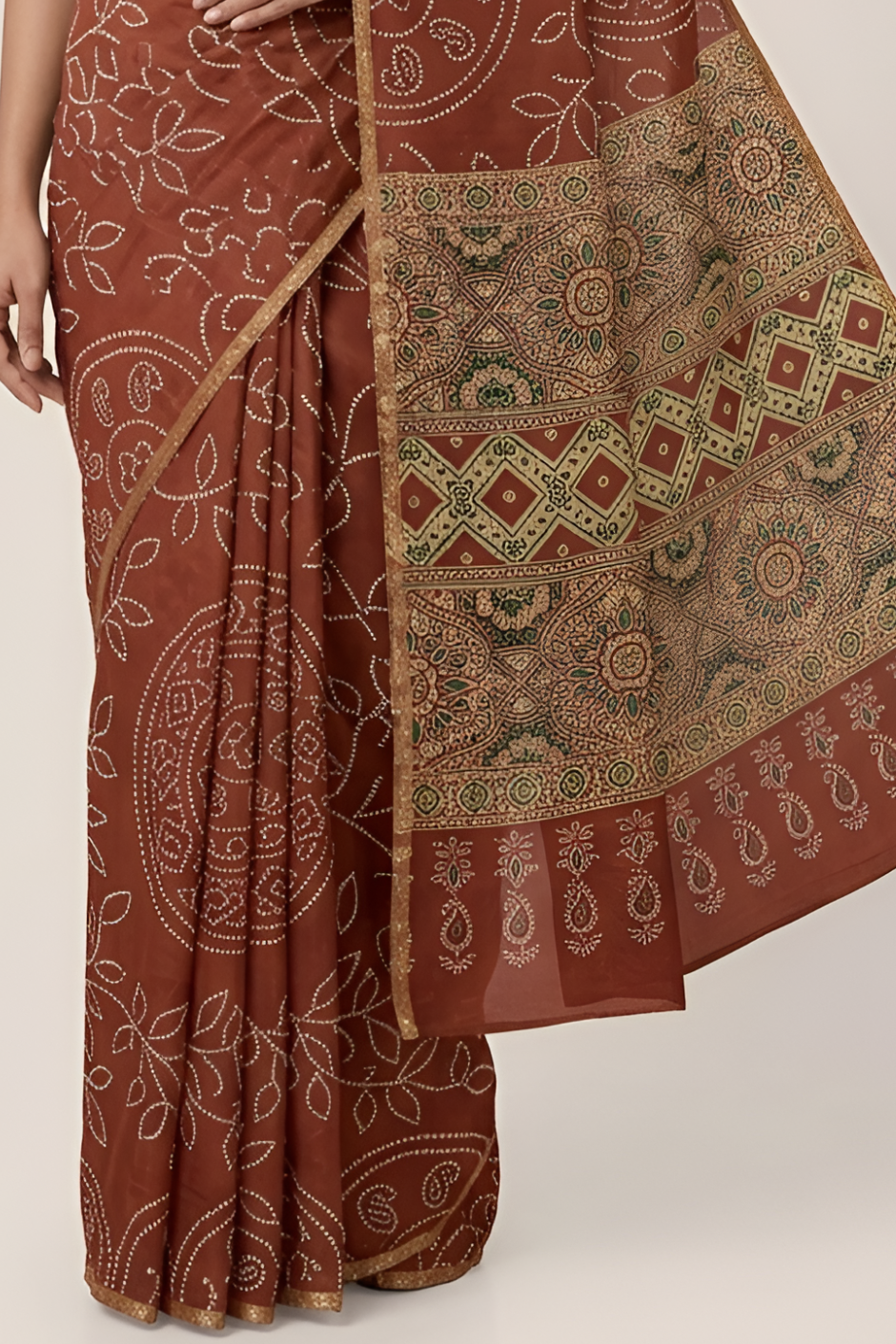 Ajrakh Kalamkari Zari Border Chanderi Saree (Rusty Maroon)