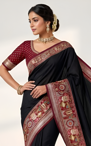 Temple Printed Soft Mul Cotton Saree with Zari Border (Black)