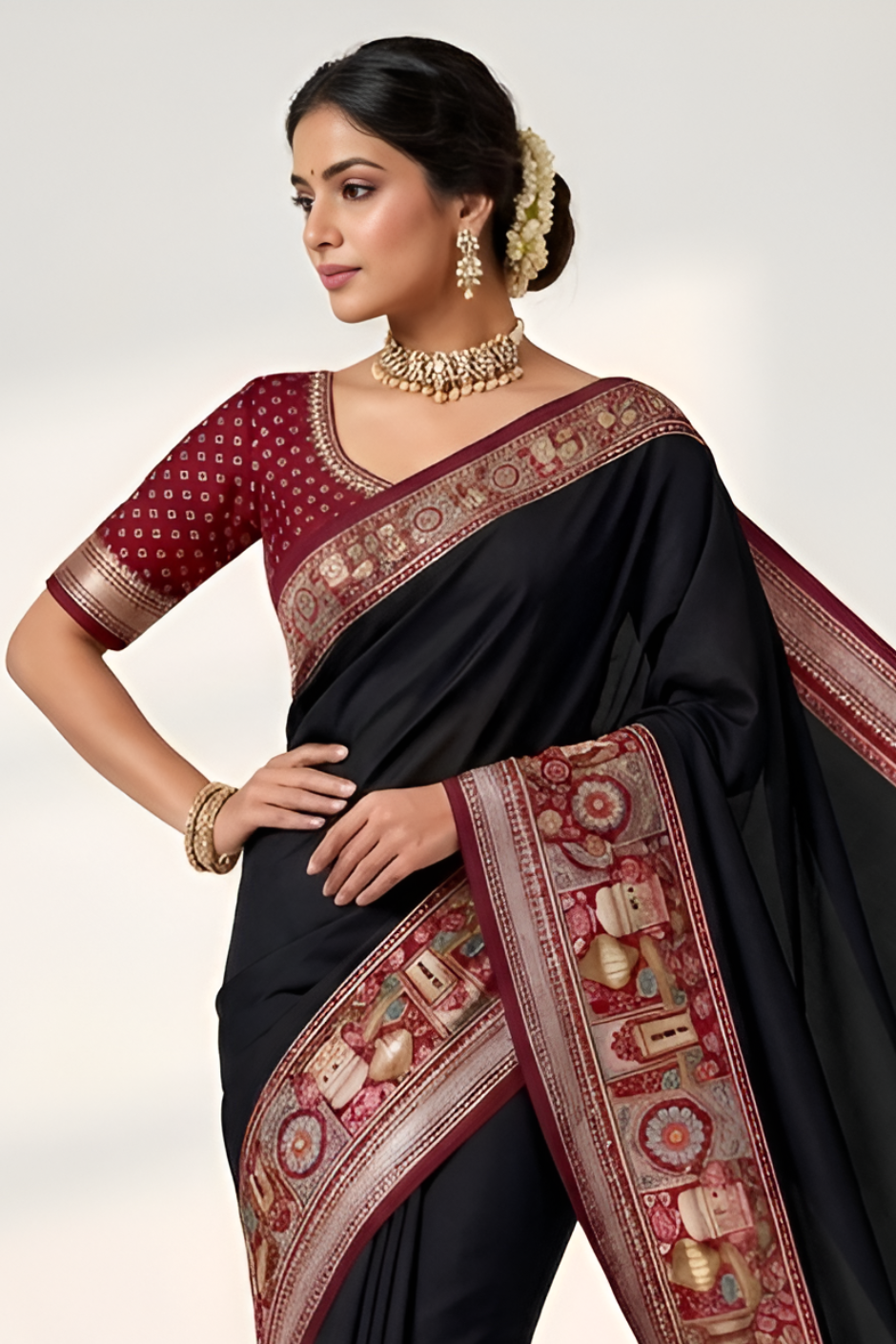 Temple Printed Soft Mul Cotton Saree with Zari Border (Black)