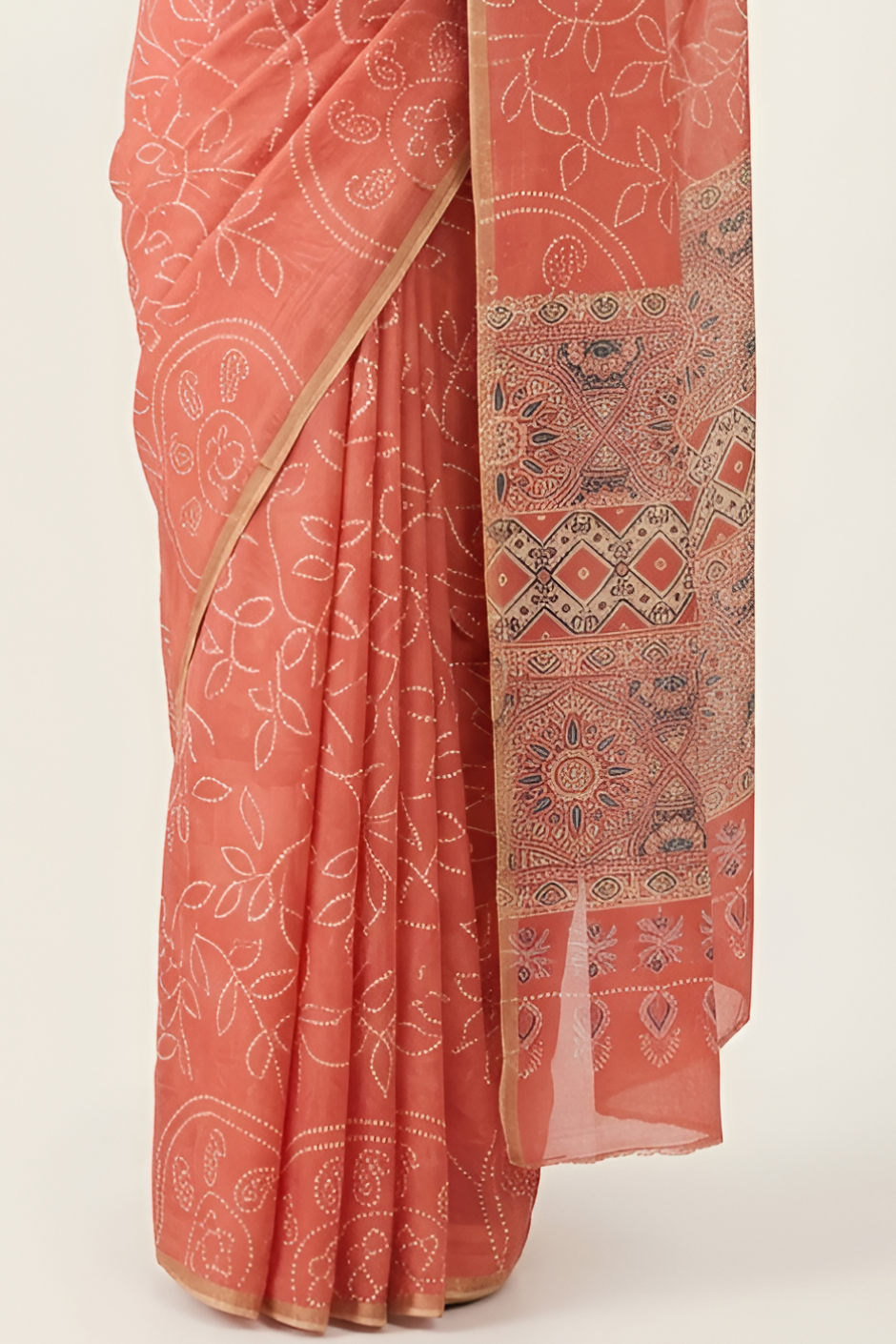 Ajrakh Kalamkari Zari Border Chanderi Saree (Coral Pink)