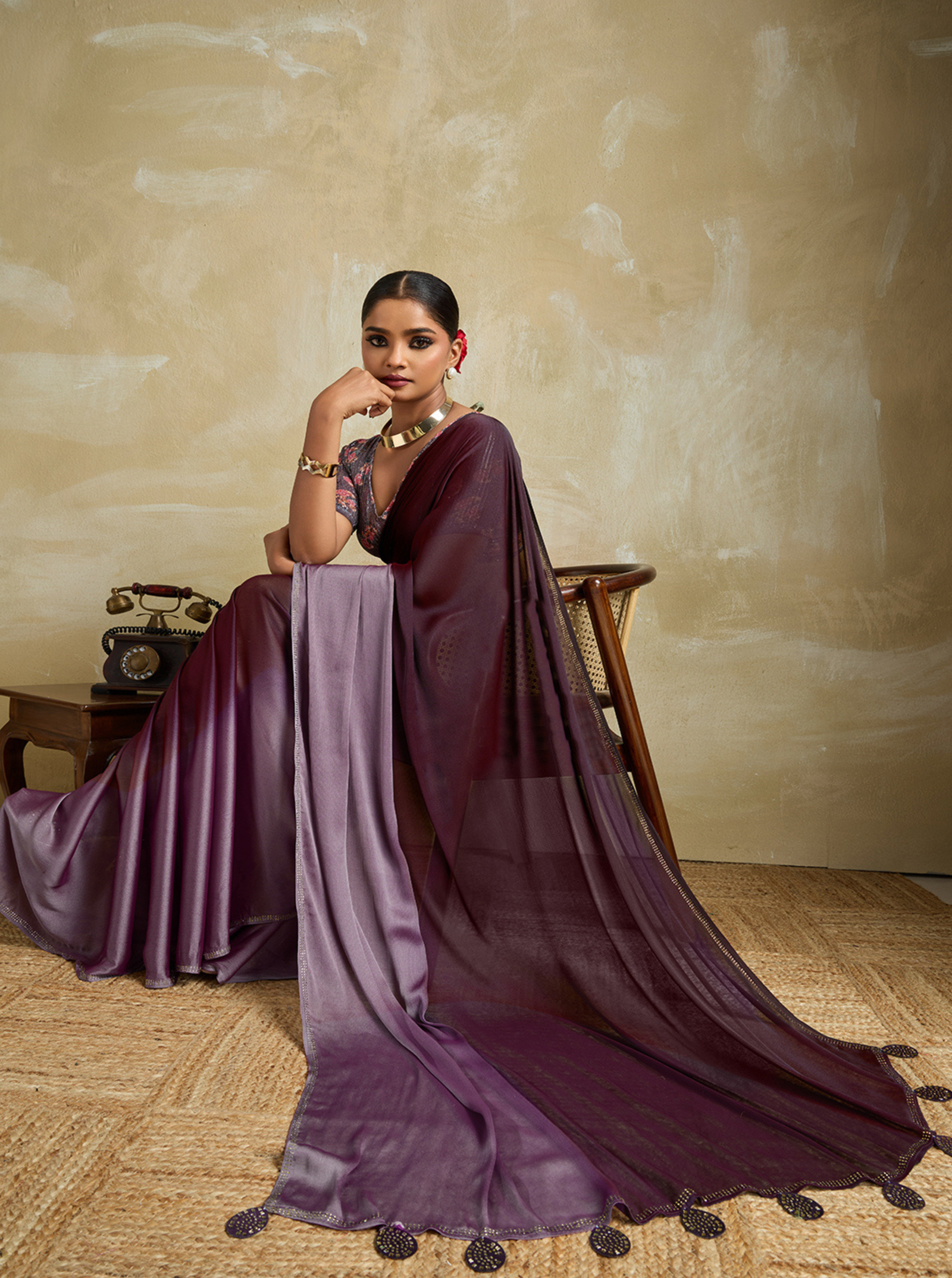 3D Velvet Chiffon Saree with Sequin Blouse