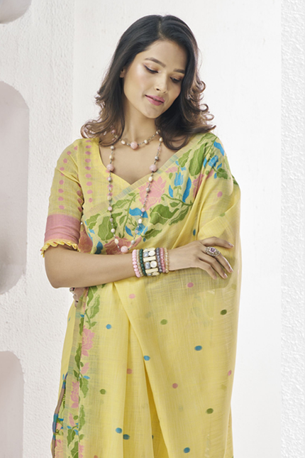 Pure Linen Saree, With All Over Weaving Contrast Border And C Pallu (Yellow)