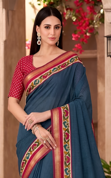 Soft Mul Cotton Kalamkari Pallu Saree with Zari Border (Teal Blue)