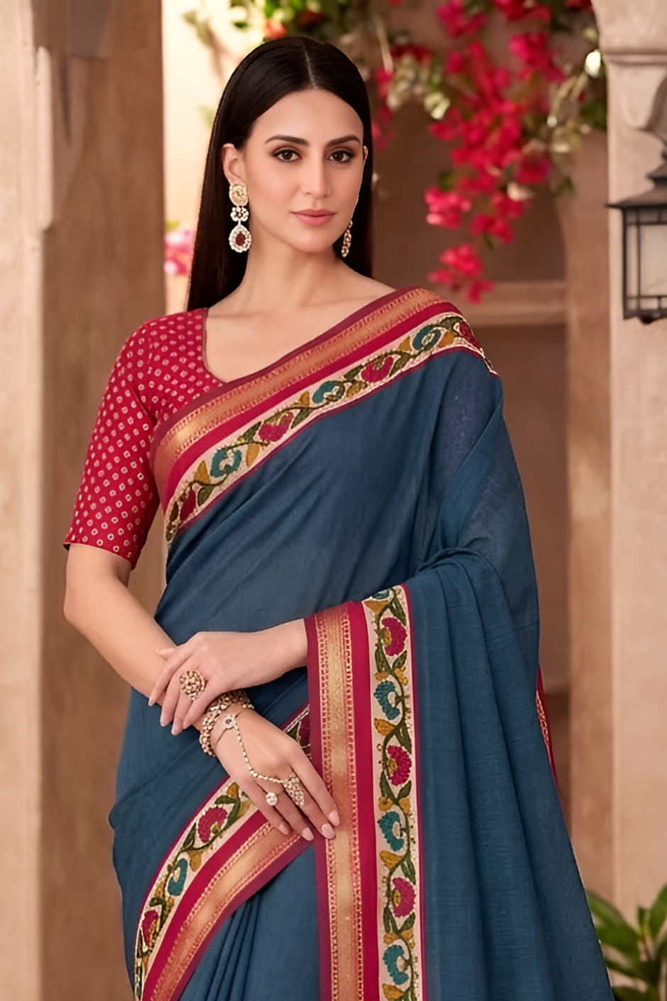 Soft Mul Cotton Kalamkari Pallu Saree with Zari Border (Teal Blue)