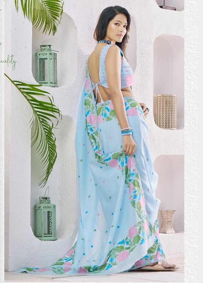 Pure Linen Saree, With All Over Weaving Contrast Border And C Pallu (Blue)