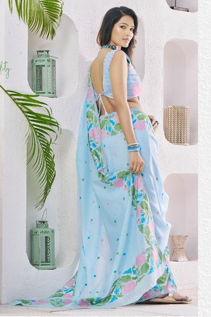 Pure Linen Saree, With All Over Weaving Contrast Border And C Pallu (Blue)