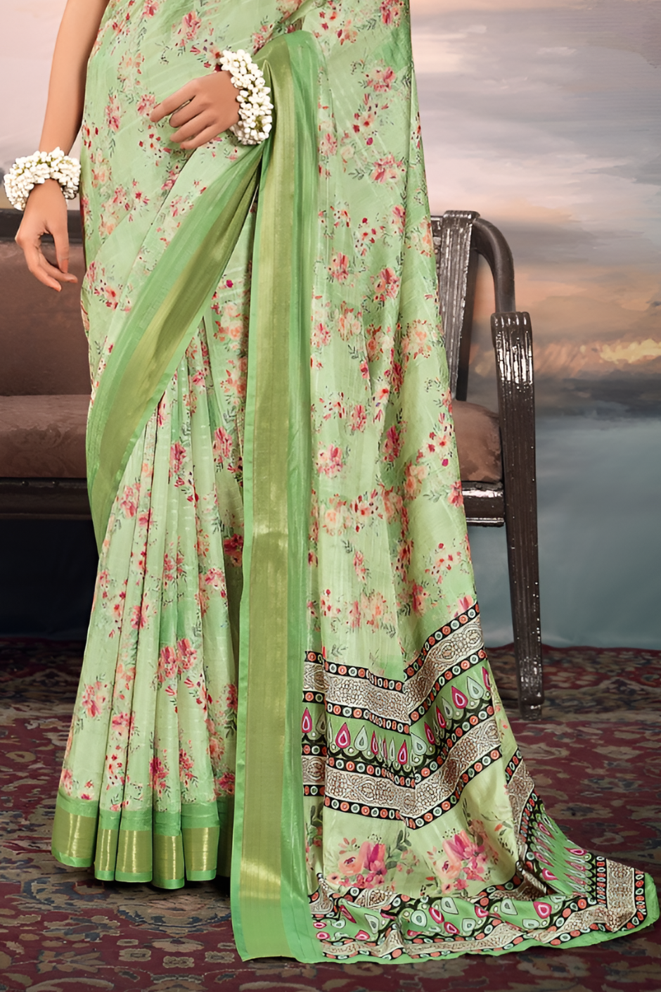 Pure Cotton Silk With Digital Print  (Pista Green)