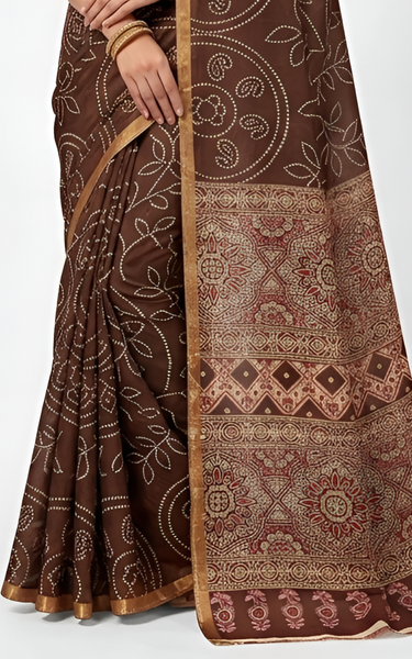 Ajrakh Kalamkari Zari Border Chanderi Saree (Brown)