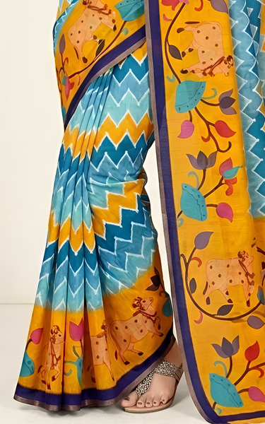 Kazari Print Linen Zari Border Saree (Yellow Multicolor)
