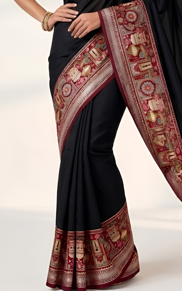 Temple Printed Soft Mul Cotton Saree with Zari Border (Black)