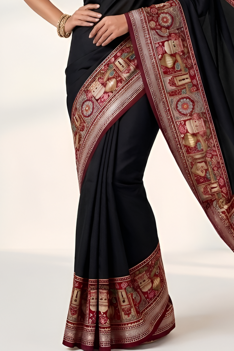 Temple Printed Soft Mul Cotton Saree with Zari Border (Black)