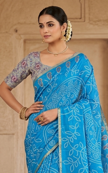 Ajrakh Kalamkari Zari Border Chanderi Saree (Sky Blue)
