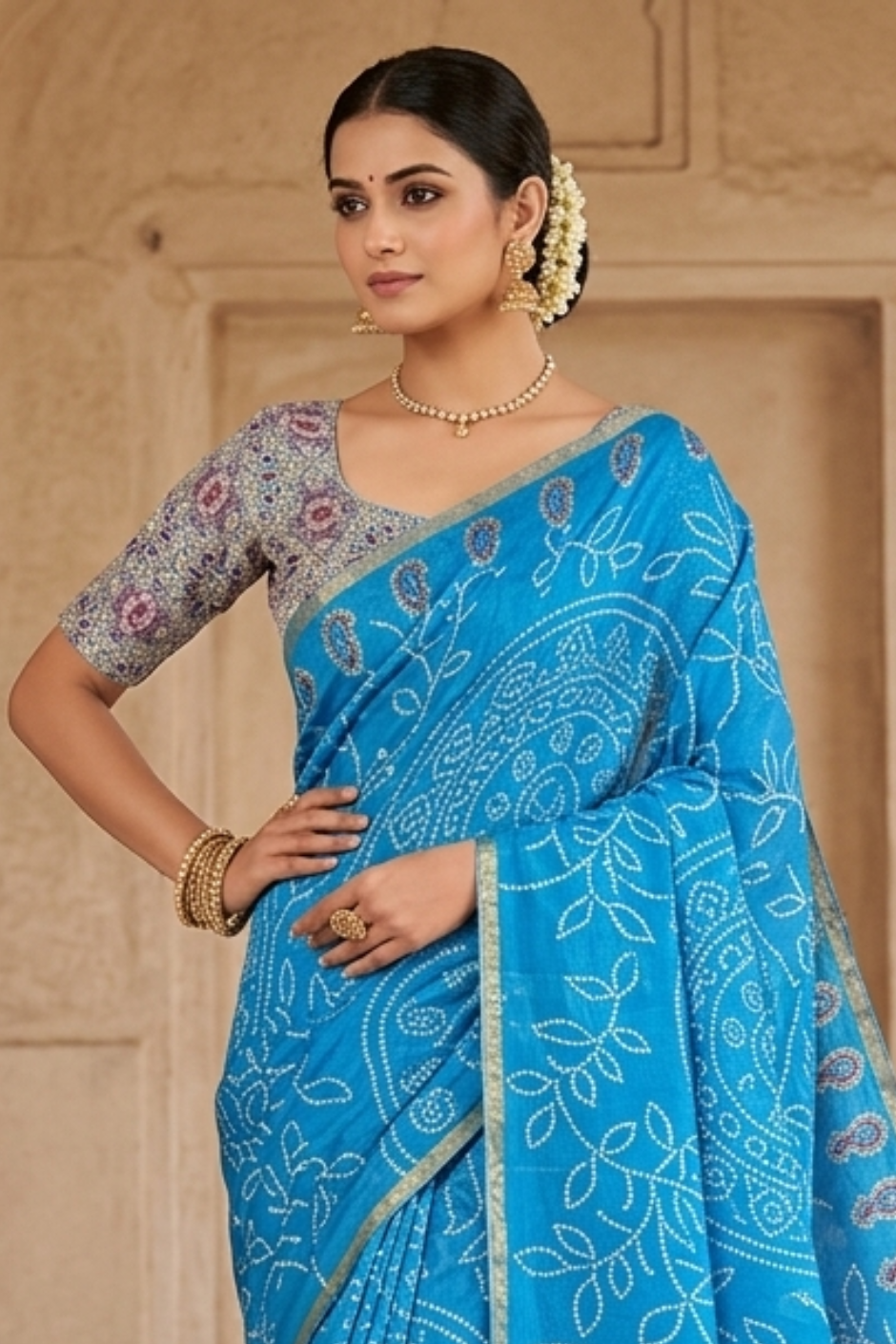 Ajrakh Kalamkari Zari Border Chanderi Saree (Sky Blue)