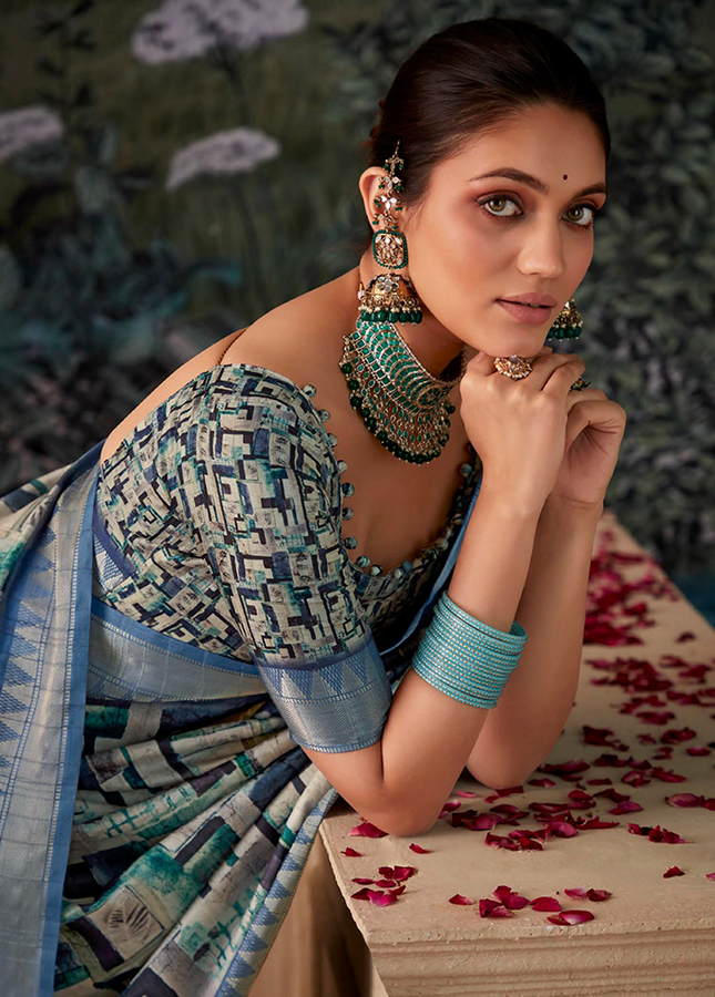 Geometric Print,Digital Saree (Grey)