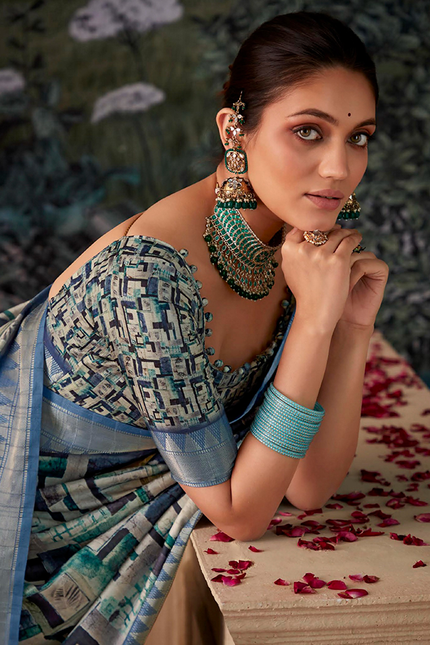 Geometric Print,Digital Saree (Grey)