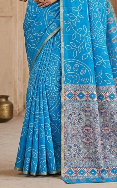Ajrakh Kalamkari Zari Border Chanderi Saree (Sky Blue)