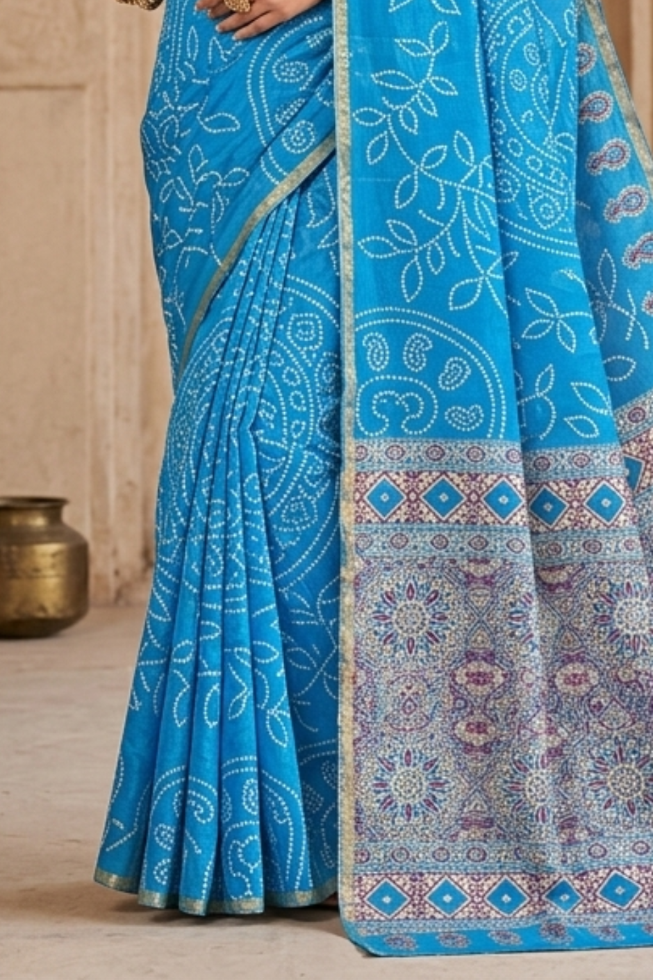 Ajrakh Kalamkari Zari Border Chanderi Saree (Sky Blue)