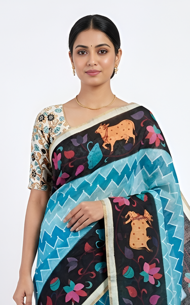 Kazari Print Linen Zari Border Saree (Blue Multicolor)