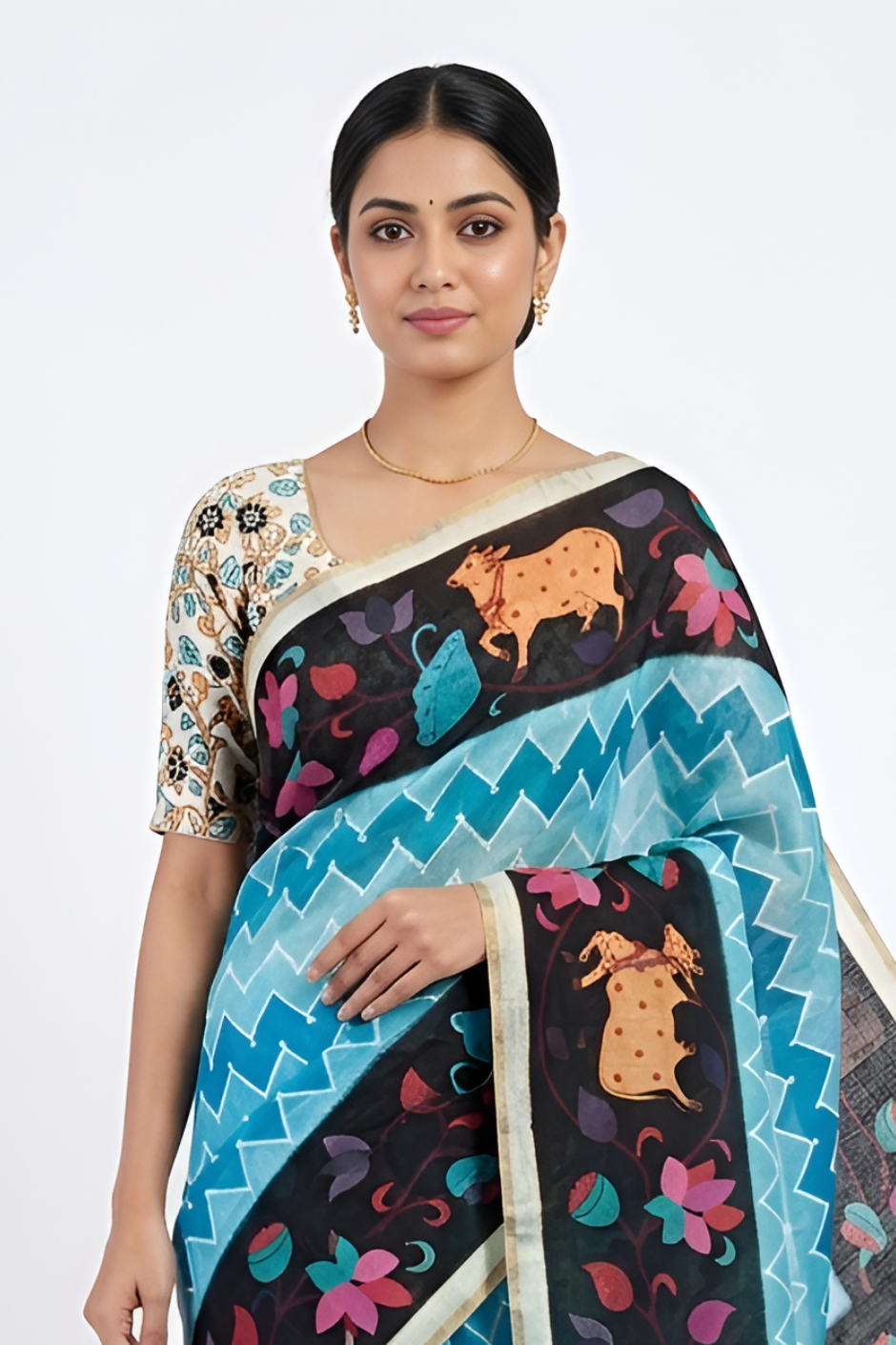 Kazari Print Linen Zari Border Saree (Blue Multicolor)