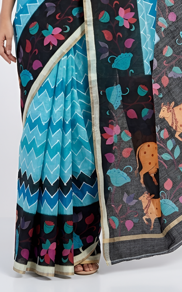 Kazari Print Linen Zari Border Saree (Blue Multicolor)