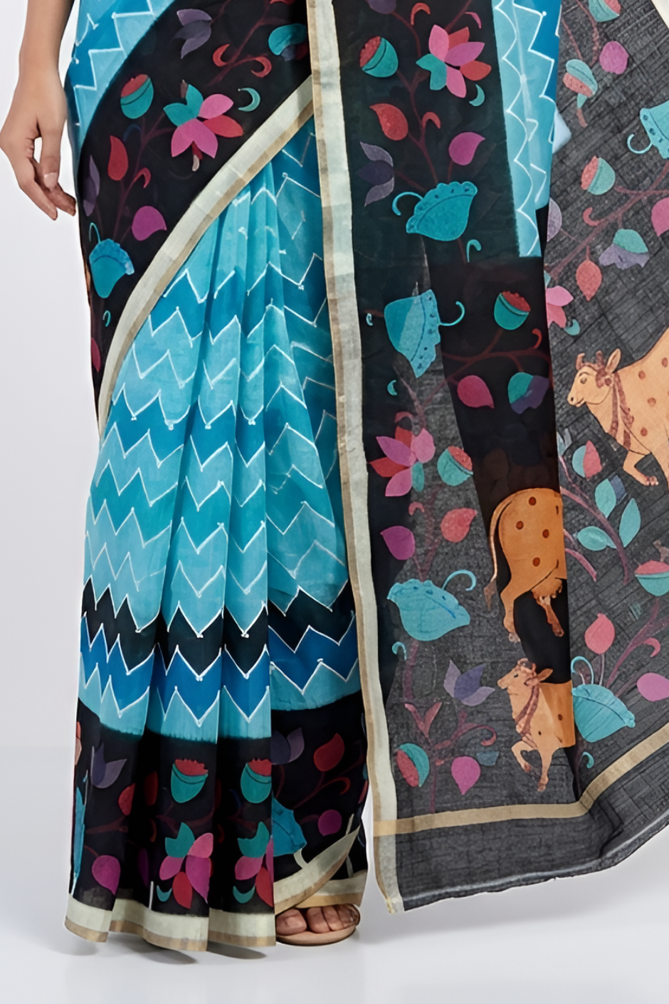 Kazari Print Linen Zari Border Saree (Blue Multicolor)