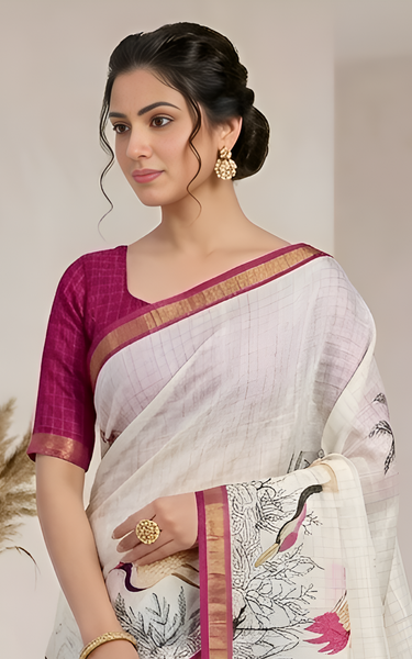Pure Linen Zari Chex Weaving Duck Print Saree (Off-white & Pink)