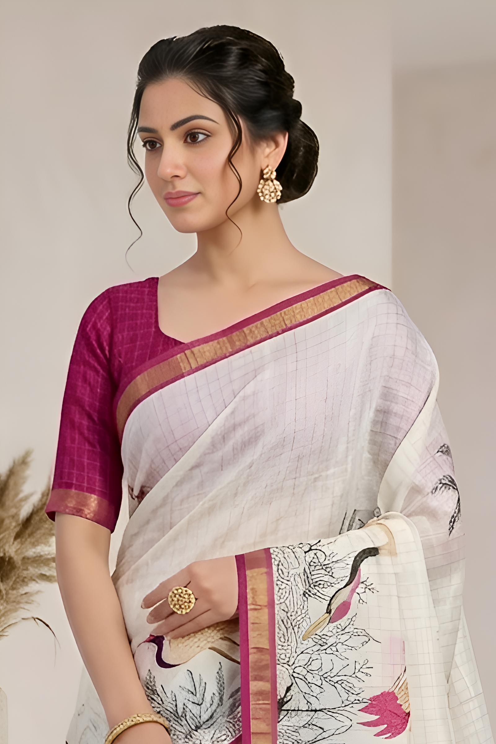 Pure Linen Zari Chex Weaving Duck Print Saree (Off-white & Pink)