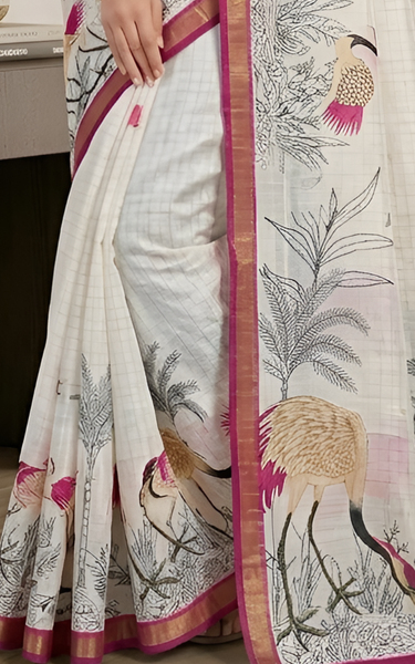 Pure Linen Zari Chex Weaving Duck Print Saree (Off-white & Pink)