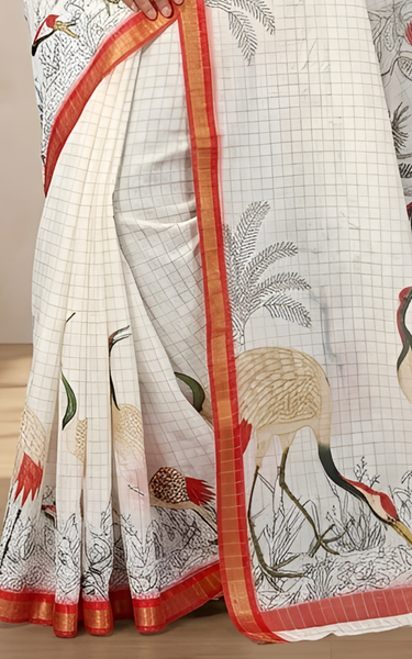 Pure Linen Zari Chex Weaving Duck Print Saree (Off-white & Red)