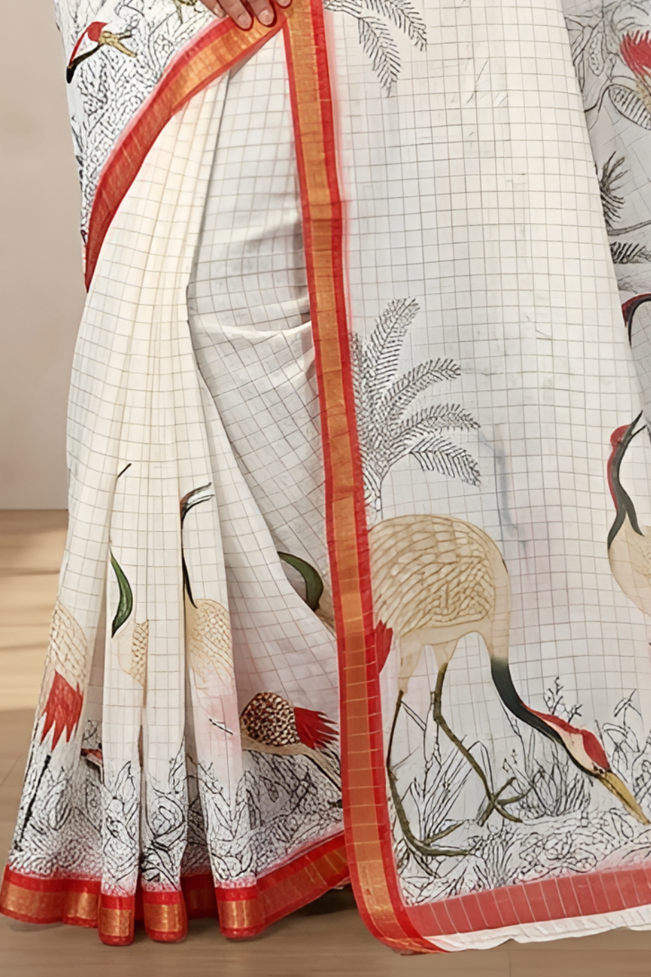 Pure Linen Zari Chex Weaving Duck Print Saree (Off-white & Red)