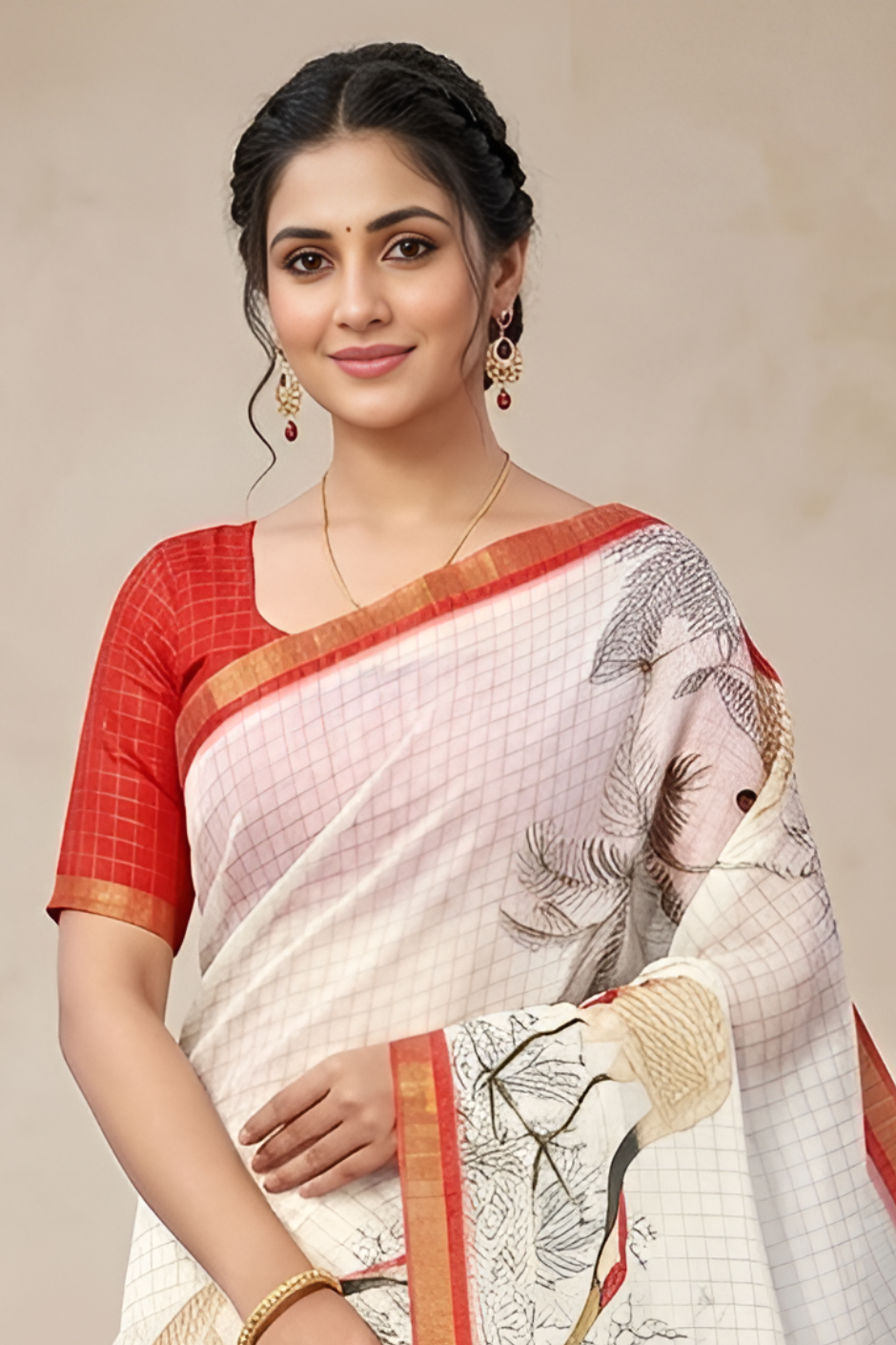 Pure Linen Zari Chex Weaving Duck Print Saree (Off-white & Red)