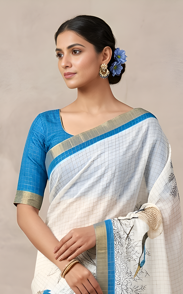 Pure Linen Zari Chex Weaving Duck Print Saree (Off-white & Blue)