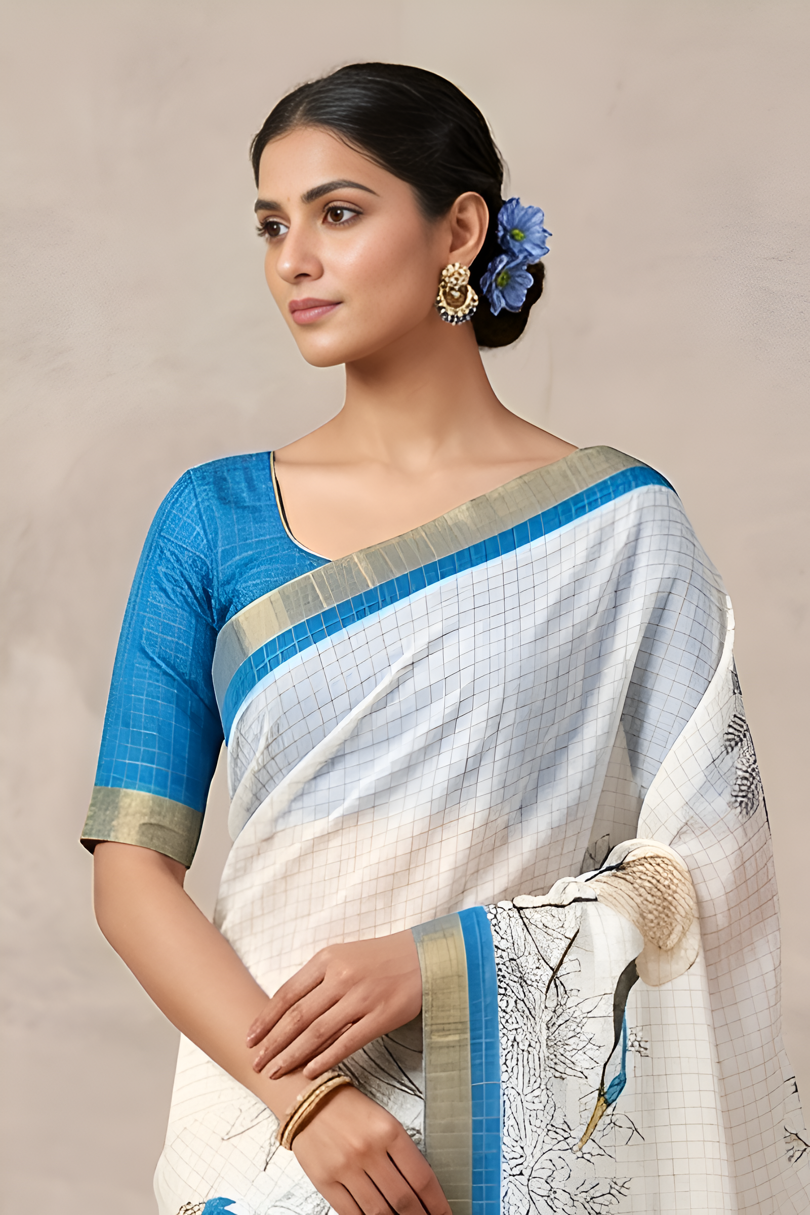 Pure Linen Zari Chex Weaving Duck Print Saree (Off-white & Blue)