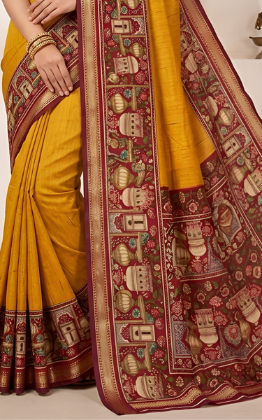 Temple Printed Soft Mul Cotton Saree with Zari Border (Yellow)
