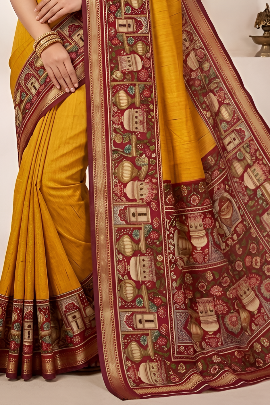 Temple Printed Soft Mul Cotton Saree with Zari Border (Yellow)