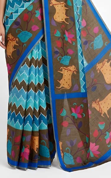 Kazari Print Linen Zari Border Saree (Brown Multicolor)
